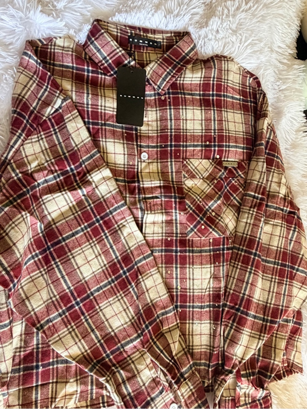 SHEIN Burgundy and Cream Plaid Button-Down Shirt